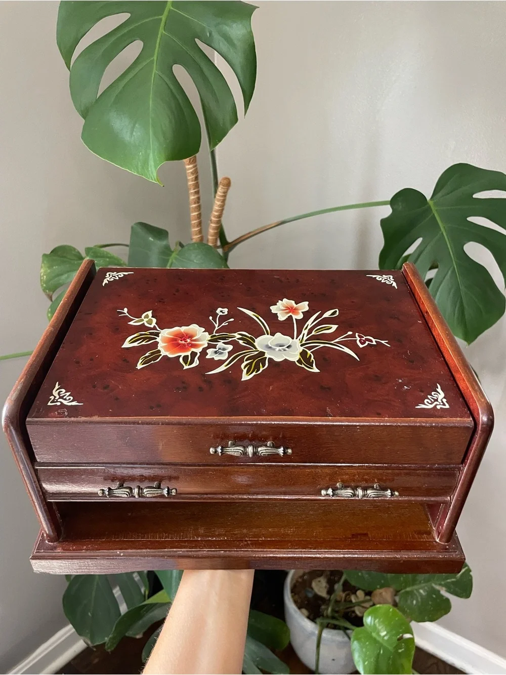 Hand Painted Floral Wooden Jewelry Box Flower Jewelry Box Brass Hardware